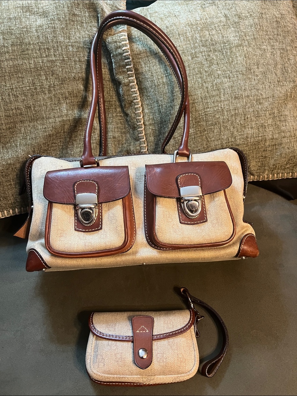 Canvas and Brown Leather Double-Pocket Shoulder Bag with Matching Wristlet